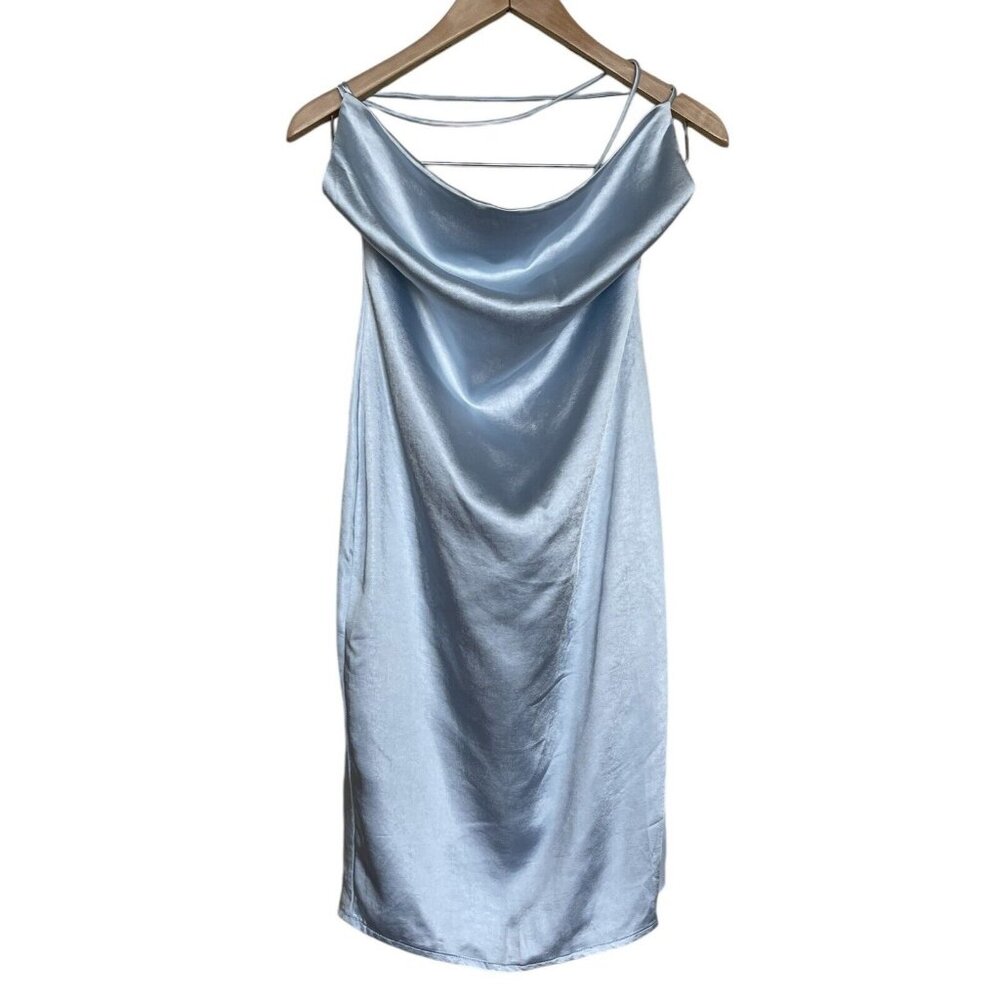 Superdown Revolve Dress Womens  Size Medium M Light Blue Draped Neck Silky Satin